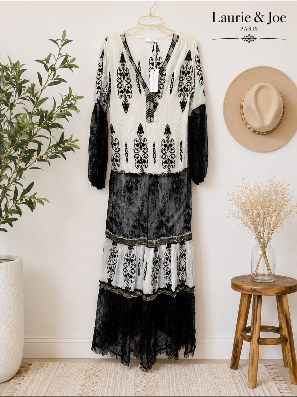 Laurie & Joe Black & Ivory Beaded Lace Maxi Tiered Dress NWT - Picture 2 of 14